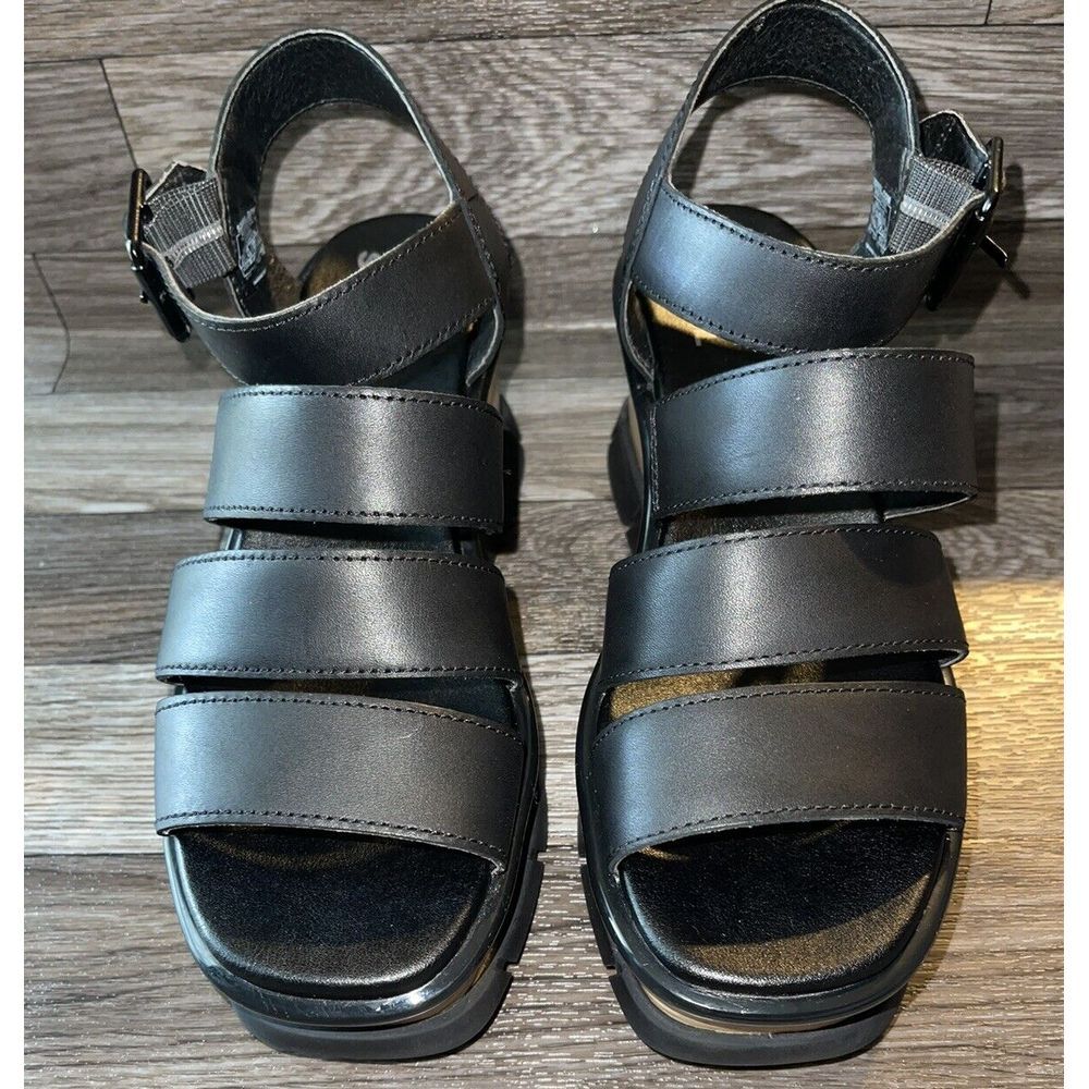 Sorel Black Leather Strappy Wedge Sandals with Wood-Effect Platform - Picture 3 of 7